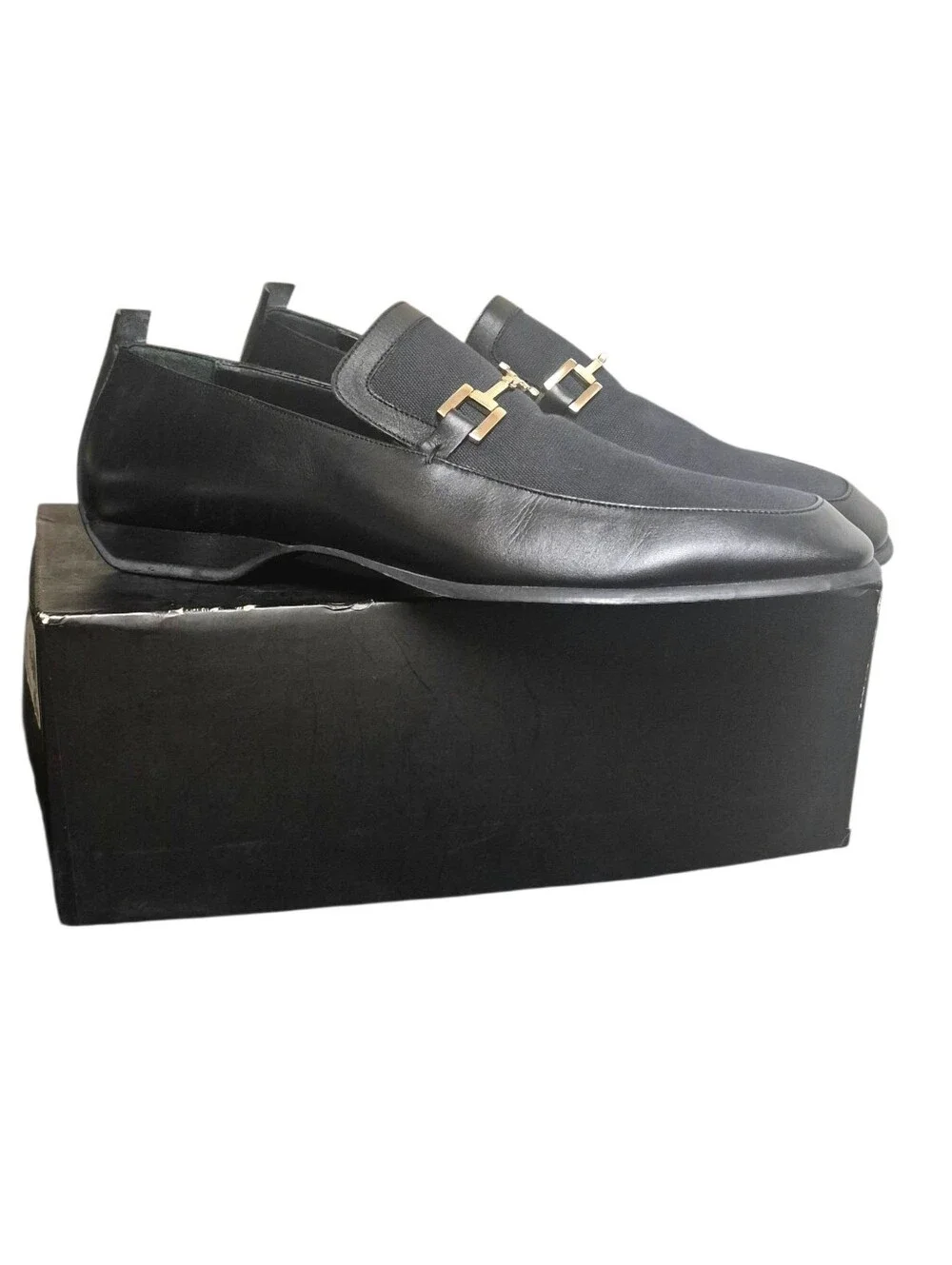 Men's Gucci Black Leather & Fabric Slip-On Loafers with Gold Horsebit